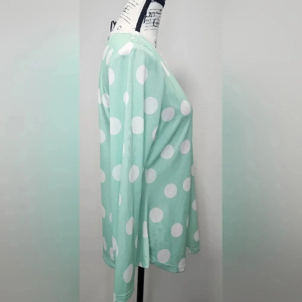 Lily by Firmiana Women's Green White Polkadot Long Sleeve V-Neck Blouse SZ M - Picture 7 of 12